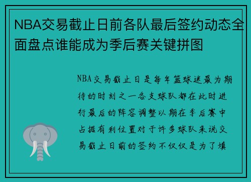 NBA交易截止日前各队最后签约动态全面盘点谁能成为季后赛关键拼图