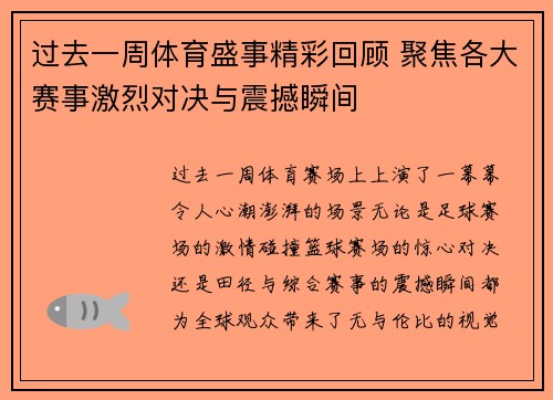 过去一周体育盛事精彩回顾 聚焦各大赛事激烈对决与震撼瞬间